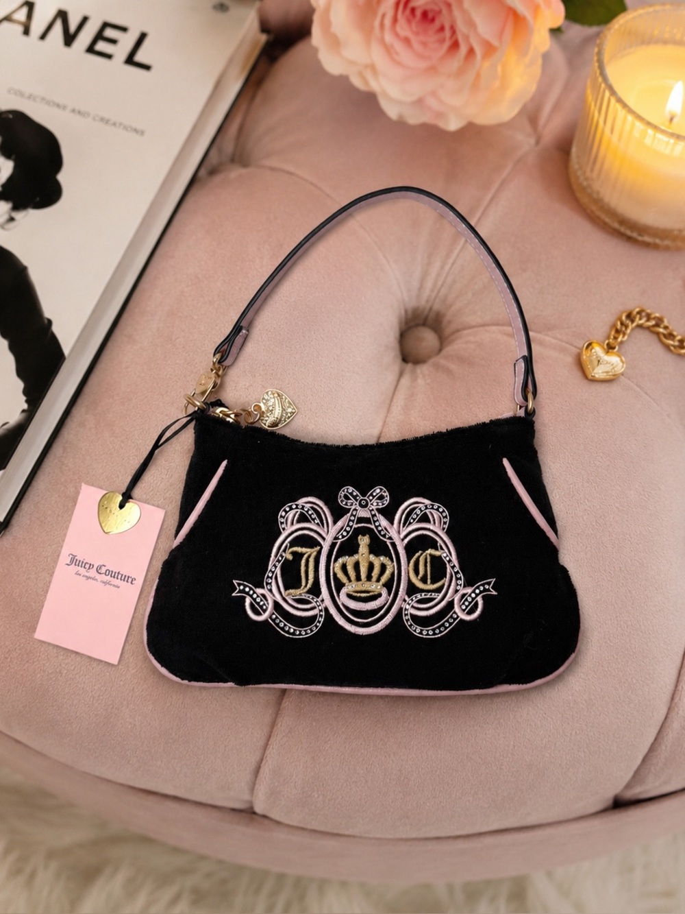 NWT Juicy Couture Y2K Velour Mini Shoulder Bag Pink Black